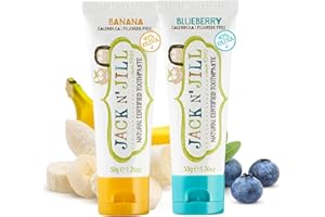 JACK N' JILL ................. SINCE 1949 Jack N' Jill Kids Natural Toothpaste, Made with Natural Ingredients, Helps Soothe Gums and Fight Tooth Decay, Suitable from 6 Months Plus Blueberry and Banana Flavour Bundle 2 x 50g