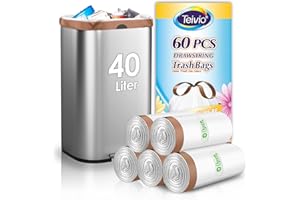 Teivio 40 Liter Bin Liners with Tie Tap, 60 Counts Strong Swing Bin Bags with Drawstring Handle, 10-13 Gallon Waste Bin Bags for Home Office Kitchen Bathroom Bedroom, White Rubbish Bags