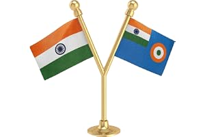 The Flag Shop India and Indian Air Force Miniature Car Dashboard Flag with A Gold-Plated Y-Staff and Nano Base