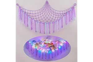Lunriwis Kuscheltier Aufbewahrung Netz mit LED-Leuchten, Boho Makramee Spielzeug kinderzimmer deko, StofftieStofftier Aufbewahrungstasche Hängematte Aufbewahrung Kuscheltiere Lila