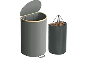 SONGMICS Kosz na pranie, 90-litrowy kosz na pranie z pokrywką, wyjmowany worek na pranie, do pralni, sypialni, salonu, w kolorze szarym i naturalnym beżu LCB547G01