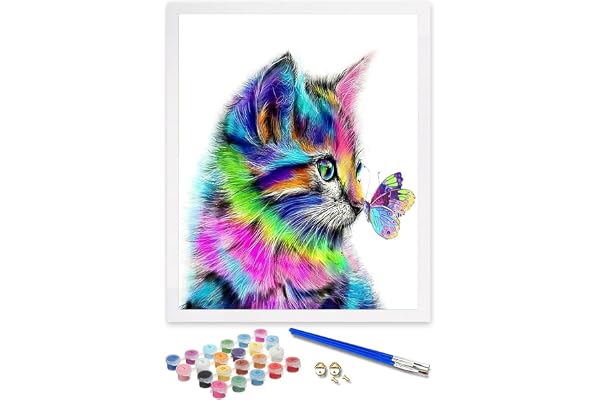 ifymei Peinture par Numero pour Enfant et Adulte, Loisirs Créatifs Activité Manuelle, Peinture Acrylique Kit de Dessin pour Filles et Garçons, Sans Cadre 40 x 50 cm - Animaux - Chat et Papillon