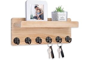Nekon Key Holder Wall Mount, 12.9 Inch Home Decor Wooden Wall Organizer with 6 Hooks and Display Shelf, Wall Shelf for Living Room Entryway Kitchen (Wood)