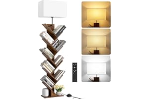 OUTONLIFE 9 Tier Tree Bookshelf with Light & Remote, Dimmable Tall Floor Standing Lamp, Narrow Wood Bookcase, Small Book Organizer Shelves for Living Room, Bedroom, Home Office（Rustic Brown）