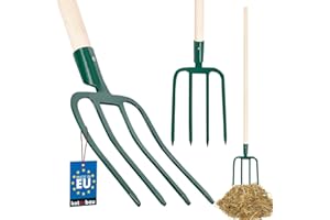 KOTARBAU® Horca de Acero con 4 Dientes Planos, Horca de jardín para Compost, Horca con Mango de Madera, Horca para airear Suelos, Horca para ablandar la Tierra y Remover Cultivos, Horquilla Campo