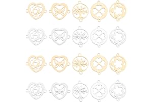 SUNNYCLUE 1 Boîte 20Pcs 5 Styles Connecteurs en Acier Inoxydable Charmes Arbre de Vie Liens Creux Rose Fleur Coeur Papillon Trèfle avec Double Boucles pour Artisanat Faire Fournitures, Argent Doré