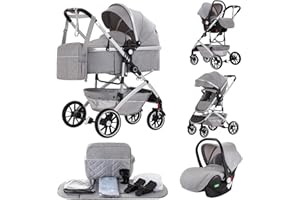 Kakbgee 3 en 1 Citadines Poussettes, Poussette Combinées, Pliable en Un Clic, Poussette Canne, Système de Voyage et Avec Siège Auto, Moustiquaire, Poussette haute vue pour nouveau - né(22kg, 0-4Ans)
