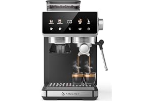 AMZCHEF Espressomaskin med kvarn, 20 bar, Cold Brew | 20 malningsnivåer, 1 350 W, justerbar extraktion och avkalkningsfunktio