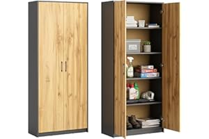 Home Collective Schrank Mehrzweckschrank Aktenschrank Hochschrank mit 5 Fächern 2 Türen 74x35x180 cm vielseitig einsetzbar für Büro Flur Küche Hauswirtschaftsraum stabil & pflegeleicht | graphit/eiche