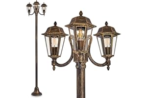 Hofstein Antique Look 3-Arm Pathway Lamp, Black/Gold, Clear Glass, 210 cm, Retro/Vintage Garden, E27 Socket, IP44