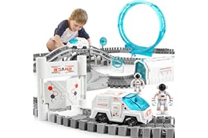 KIZJORYA Circuit de Course Construction, Ensemble de Voies de Train Spatial, 205 Pièces DIY, Piste Flexible, Jouet Lumineux avec Station Spatiale Astronaute, pour Garçons 4-7 ans, Filles de 3 à 12 ans