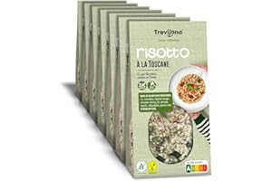 Trevijano Risotto Toscane: 7 sacs de 280 g chacune. Sans additifs ni conservateurs: riz, noisettes, oignon rouge, tomate cerise, ail, tomate, basilic, ciboulette, poivre noir.