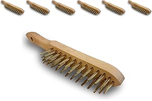 Brosse métallique à main professionnelle | Lot de 6 | 4 rangs fils durs | Acier rond laitonné | Manche bois | Sortie du fil 30 mm | 29 * 3,5 cm | Kibros 7404x6