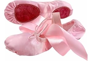 BAVA Ballet Shoes Pink Ballet Dance Shoes, Split Sole, with Ribbons Style Girls Dance Shoes Dark Pink Kids and Adult Sizes