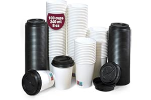 GOBECUPS 100 gobelets jetables avec couvercles blancs de 240 ml 8 oz, résistants, hermétiques et sans odeurs. Gobelets en carton à emporter pour café, thé ou boissons froides, idéaux au quotidien
