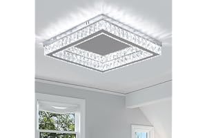 Finktonglan Modern Square Crystal LED Ceiling Lights 17.7 inch Flush Mount Ceiling Light Fixture Stainless Steel Chandelier Ceiling Lamp for Living Room Bedroom Dining Room, 6000K, 34 Watts