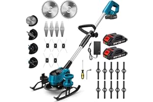 KISTRBA Garden Strimmer Cordless with 4.0Ah Battery, Electric Lawn Edger Grass Trimmer Brush Cutter with Auxiliary Wheel, 2 x Metal Saw Blades, 4 x Metal Blades, 15 x Grass Cutting Line, for Lawn Garden Care