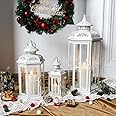 JHY DESIGN Set of 3 Decorative Candle Lanterns, 50 & 36 & 25cm High Vintage Hanging Candlesticks Metal Candleholder Garden for Indoor Outdoor Balcony Weddings Hallway (White with Gold Brush)