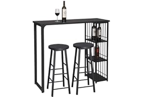 WOLTU 1 Mesa de Bar + 2 Taburete de Bar Mesa de Bistro Sillas y Mesa de Comedor, con 3 Estantes, Estructura de Metal, MDF, 120x40x105cm (WxDxH) Negro BT26sz+BH130sz-2