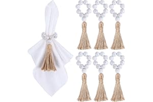 Meplait 6 Pieces Wooden Bead Napkin Rings Boho Napkin Rings for Dining Table, Wedding Decoration (Wash White)