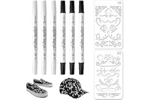 KASURE 6 Rotulador Ropa Textil Permanente Rotuladores Acrílicos Blancos Rotulador Textil Permanente Blanco y Negro Rotuladores Acrilicos Para Camisetas,Bolsas,Lonas Textiles +Plantilla de pintura*2