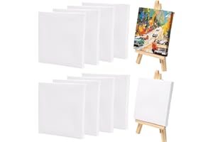 Neikafan 8 Pcs Mini Canvas and 2 Easel Small Blank Canvas Panel with Wooden Mini Easels Stand Mini Canvases with Table Top Easel for Craft Oil Acrylic Painting & Drawing Artis(10 X 10 cm)