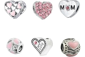 SURALIN Lot de 6 Charms Perles Intercalaires en Forme de Cœur, perles d'amour, Pendentif Compatible pour Européen Bracelets Cadeaux de fête des mères pour femmes