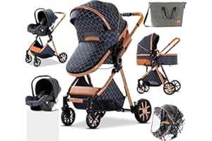 3 en 1 Poussette Combinée Poussette Canne Poussette Citadine Landau Poussette Système de Voyage pour Bébé Poussette Paysage Haute pour Bébé Inclinable Pliable Poussette Standard (225 Blue)