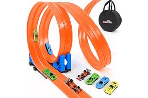 Dreamon Flexible Autorennbahn Kinder 3 4 5 6 Jahre - 5 Meter Rennbahn Rennstrecke Auto Spielzeug mit 4 Spielzeugautos 2 Rampen 1 Aufbewahrungstasche 4 Saugnäpfe Geschenke für Jungen und Mädchen