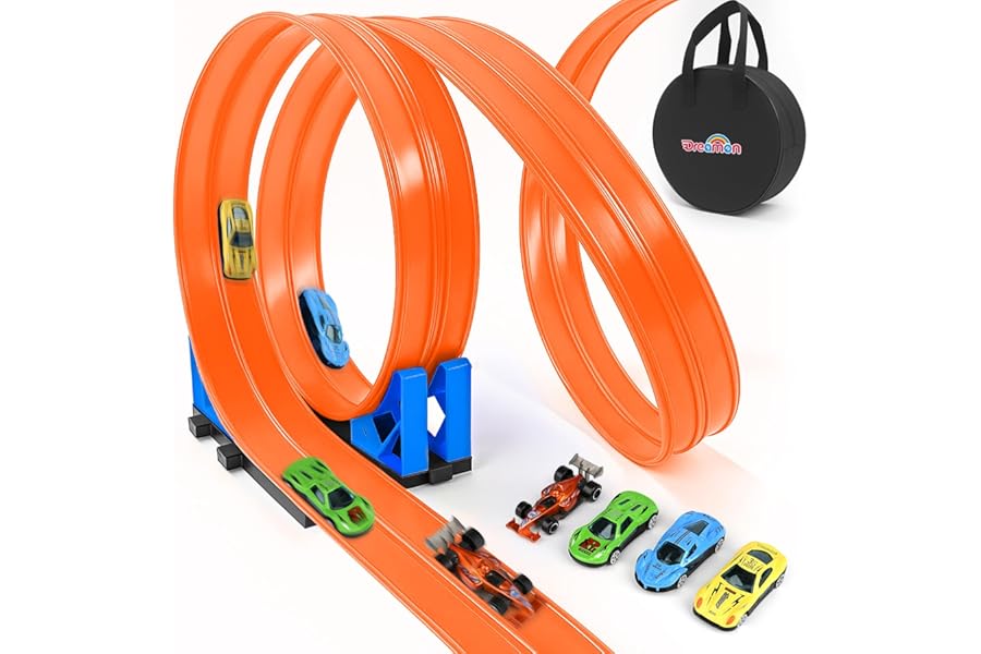 Dreamon Car Track 5M Flexible Race Track for Toy Cars Set with 1 Storage Bag 2 Ramps 4 Cars 4 Suction Cups Christmas Birthday Speed Gifts for Kids 3 4 5 6 7 8 Years Old Boys Girls