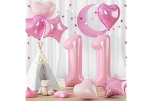 GOVPY Big Number 11 Balloon Light Pink, Foil 11 Balloons with Pastel Baby Pink Helium Heart Star Balloon, 40'' Self Inflating 11 Balloon Number for Kids 11th Birthday Party Women Valentines Day Decorations