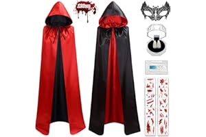 Ctxtqtdt Vampir Umhang Erwachsene Kinder 120 cm, Halloween Kostüm Vampir Set, Unisex Vampir Kostüm, Kapuzenumhang Schwarz Rot Doppelseitig für Halloween Karneval Mittelalter Kostüm Party
