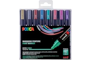 POSCA Mitsubishi Pencil - 8 Marqueurs PC5M - Pointe Conique - Couleurs Métalliques Pointe Moyenne - Marqueurs Peinture à Base d'Eau -Tout Support - Pour Papier, Textile, Verre, Galet, Bois