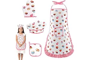 AIEIEII 4 PCS Kids Cooking Apron Set, kids Chef Outfit Baking Kit, childrens baking set with Apron Chef Hat Oven Mitts and Hot Pad Fun Childrens Baking Set for Aspiring Little Chefs