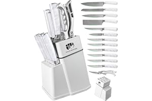 FULLHI Juego de cuchillos de 14 piezas, juego de cuchillos de chef para filetear con portacuchillos y afilador, juego de cuchillos de cocina, mangos multicolores (Resina blanca)