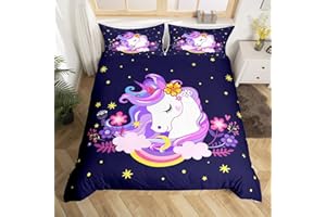 Homemissing Licorne Housse De Couette Enfant Unicorn 140x200 Fille Violet Licorne Literie Fleur Cheval Literie Set Rose Jaune Arc - en - Ciel Housse De Couette Parure Lit avec À Glissière