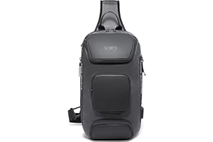 VARLIVOO Mode Sling Bag USB Port Sacs à Bandoulière pour Hommes Sac de Poitrine Crossbody Bag Travail Sport Camping Imperméable Polyester Sling Sac à Dos Gris