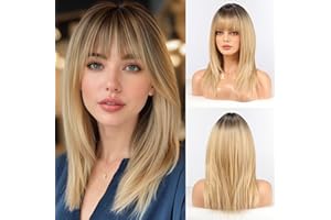 HAIRCUBE Damska prosta peruka dla kobiet Długość ramion Ombre blond syntetyczna peruka z grzywką na co dzień cosplay