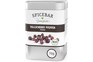 ‎SPICEBAR GEWÜRZKÜCHE Spicebar - Tellicherry Pfeffer ganz (70g) - Bio Pfefferkörner schwarz aus Indien (Qualitätsstufe 1: TGSEB) in der Spicebar Aroma-Dose - für die Mühle geeignet