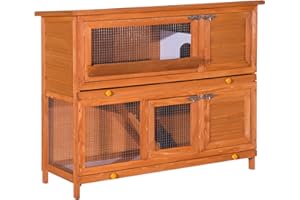 PawHut Cage à Lapin poulailler clapier en Bois de pin de Grande Taille avec 2 étages râtelier à Foin Toit ouvrant dim.120L x 48l x100H cm