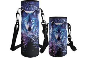 ASQVTIFE Starry sky Wolf Water Bottle Carrier Insulated Neoprene Water Bottle Sleeve School with Adjustable Shoulder Strap for 1000ml Steel/Glass/Plastic Bottles Energy Drinks Animal Designs L