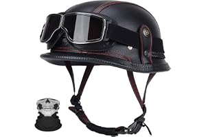 Retro tysk läder motorcykelhalvhjälm, skallkepsstil med valfri skyddsögon, ECE-certifierad terränghjälm, unisex vuxen för sco