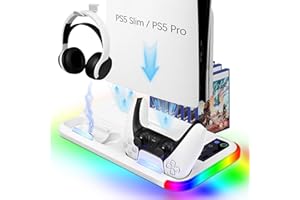 Auniq Supporto PS5 Slim/PS5 Pro con Ventola & Luce RGB, PS5 Stazione di Raffreddamento Supporto di Ricarica con Controller Ricarica Stazione di ricarica per PS5-Slim/PS5 Pro Disc & Digitale Edizione