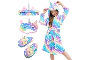 Piefry Peignoir Doux Fille Licorne Robes de Chambre à Capuche pour Filles avec Pantoufles de Licorne - Cadeaux pour Filles