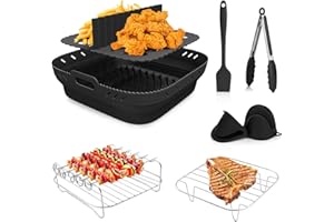 VIRIECH 8 Pezzi Accessori per Friggitrice ad Aria, Teglia in Silicone per Air Fryer, Contenitori Cestello con Spiedino, Spazzola per Olio, Clip Anti-Scottatura per Airfryer, Microonde, Forno