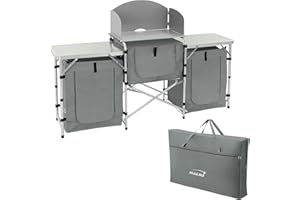 Hauki Cuisine de Camping Pliable, avec Sac de Transport, Meuble à Étagères de Rangement, Gris, Aluminium/Tissu Oxford, avec Pare-Vent et Plan de Travail, Armoire de Tente Idéale pour Extérieur Voyage