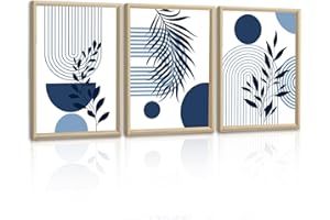 FAJERMINART 3 Pcs Boho Bleu Plante Lignes Impression Sur Toile Avec Cadre Esthétique Cercle Géométrie Tableau Decoration Murale Moderne Minimaliste Affiche Peintures Decoration Chambre Maison Bureau 30x40cmx3