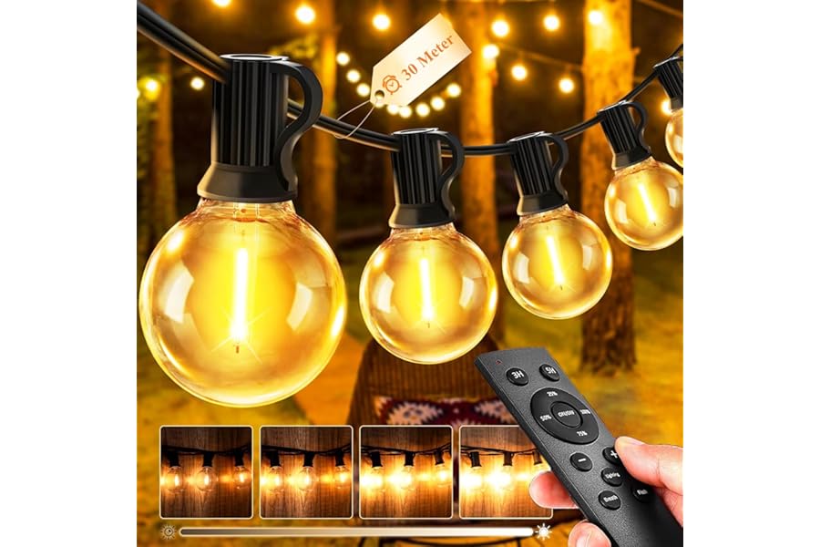 Lichterkette Außen Outdoor LED Strom - 30M Aussen Beleuchtung Lichterketten | Wetterfest, Dimmbar, Fernbedienung, Garten Balk