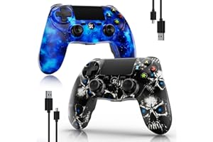 CHENGDAO Manette Sans Fil pour PS4, Wireless Controller Compatible avec PS4/Slim/Pro/PC, Contrôleur de Jeu avec Double Vibration, Audio Jack, Pavé Tactile, Six Axes(Bleu Galaxie et Noir Crâne)