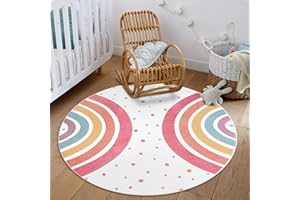 STARUIA Round Rainbow Rug for Girls Bedroom, 4 Ft Washable Kids Rug for Baby Nursery, Non-Slip Circle Area Rug Colorful Princess Carpet for Teen Dorm Playroom Tent